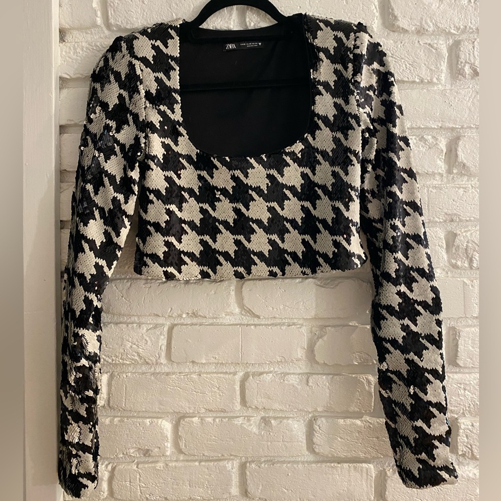 Zara Sequined Black & White Houndstooth Long Sleeve Crop Top